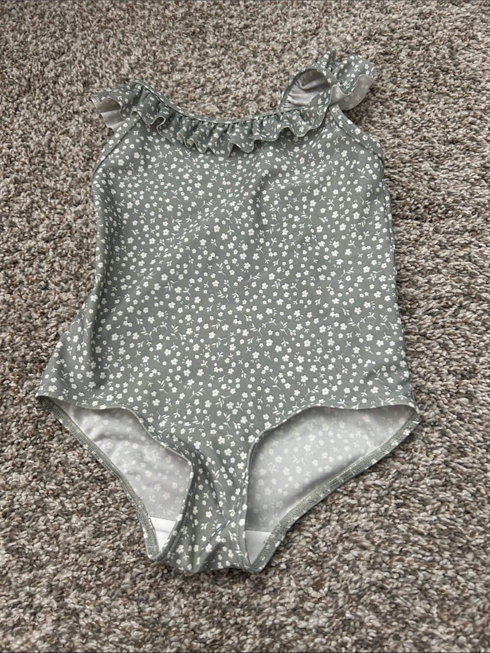 H&M Girls Sage Green One-Piece Swimsuit with White Floral Ruffle